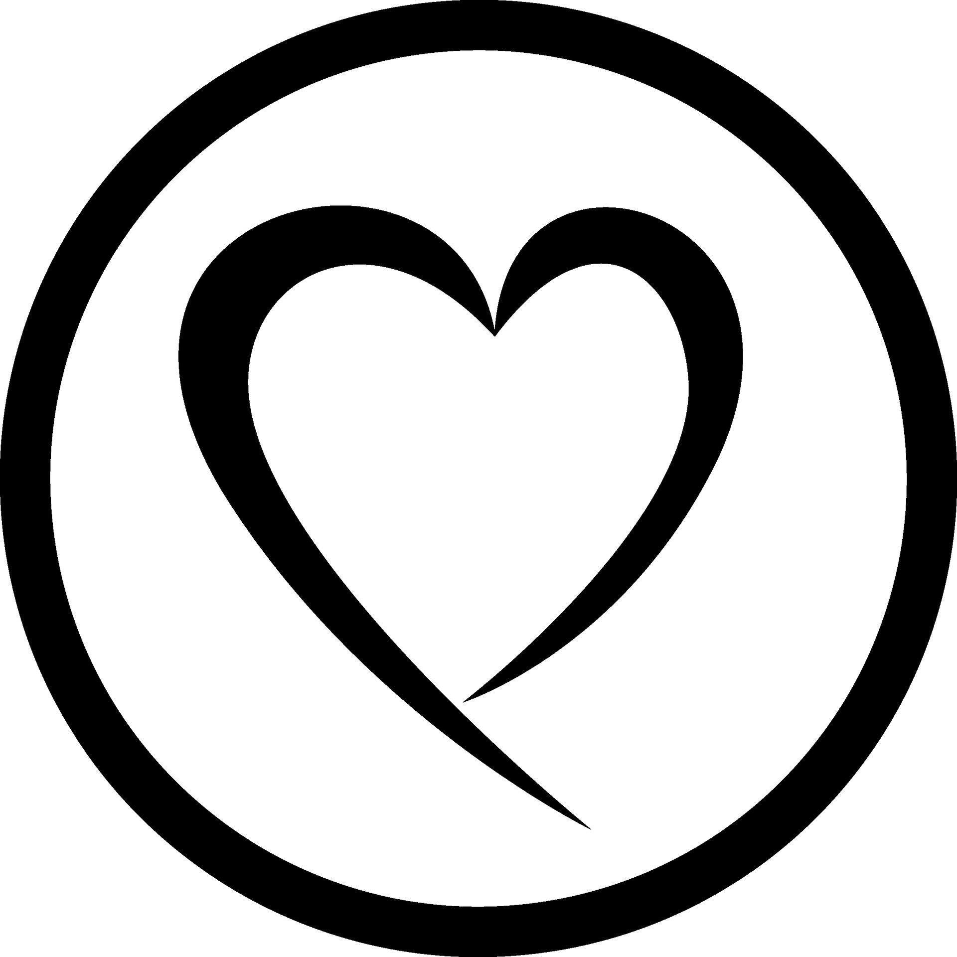A black outlined circle containing a stylized, minimalist black heart shape with a pointed, overlapping bottom.