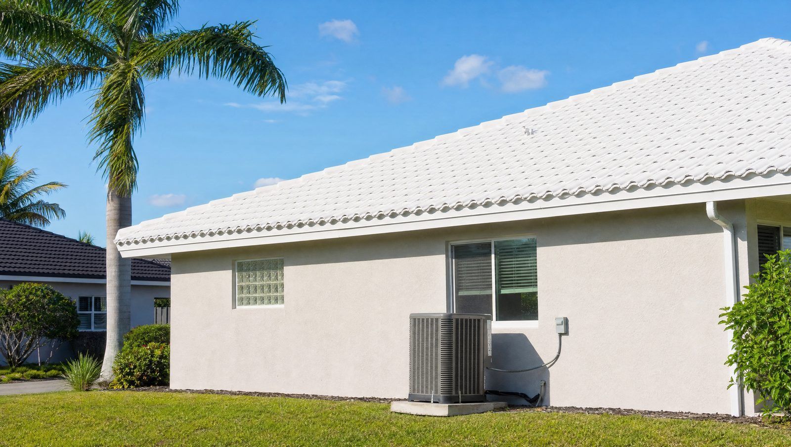 South Florida home with a white reflective tile roof and an AC condenser beside the house