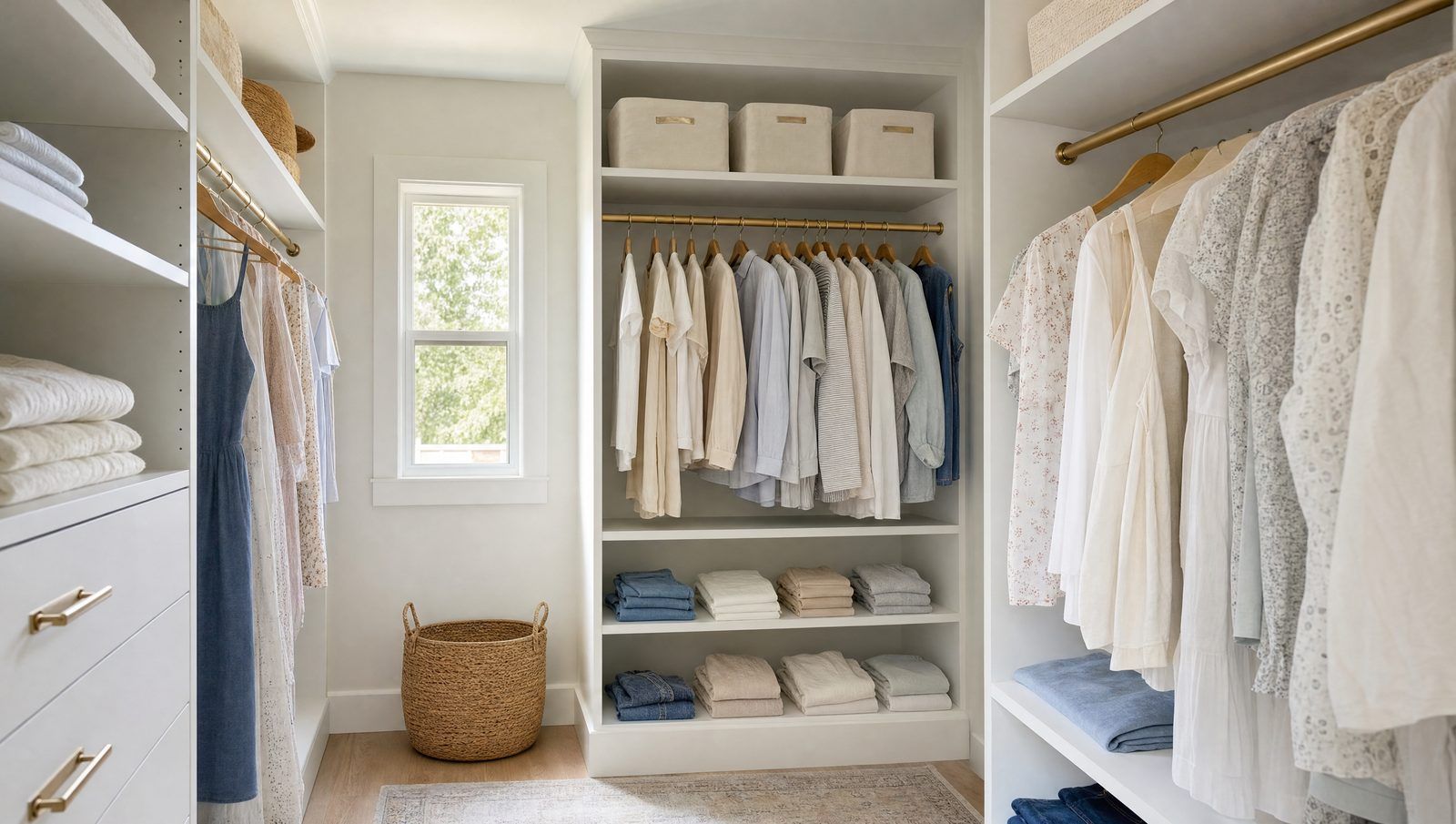 Organized custom walk-in closet with white shelving and lightweight summer clothes