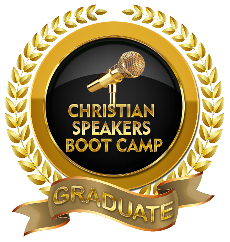 Gold laurel badge with microphone and text “Christian Speakers Boot Camp Graduate”