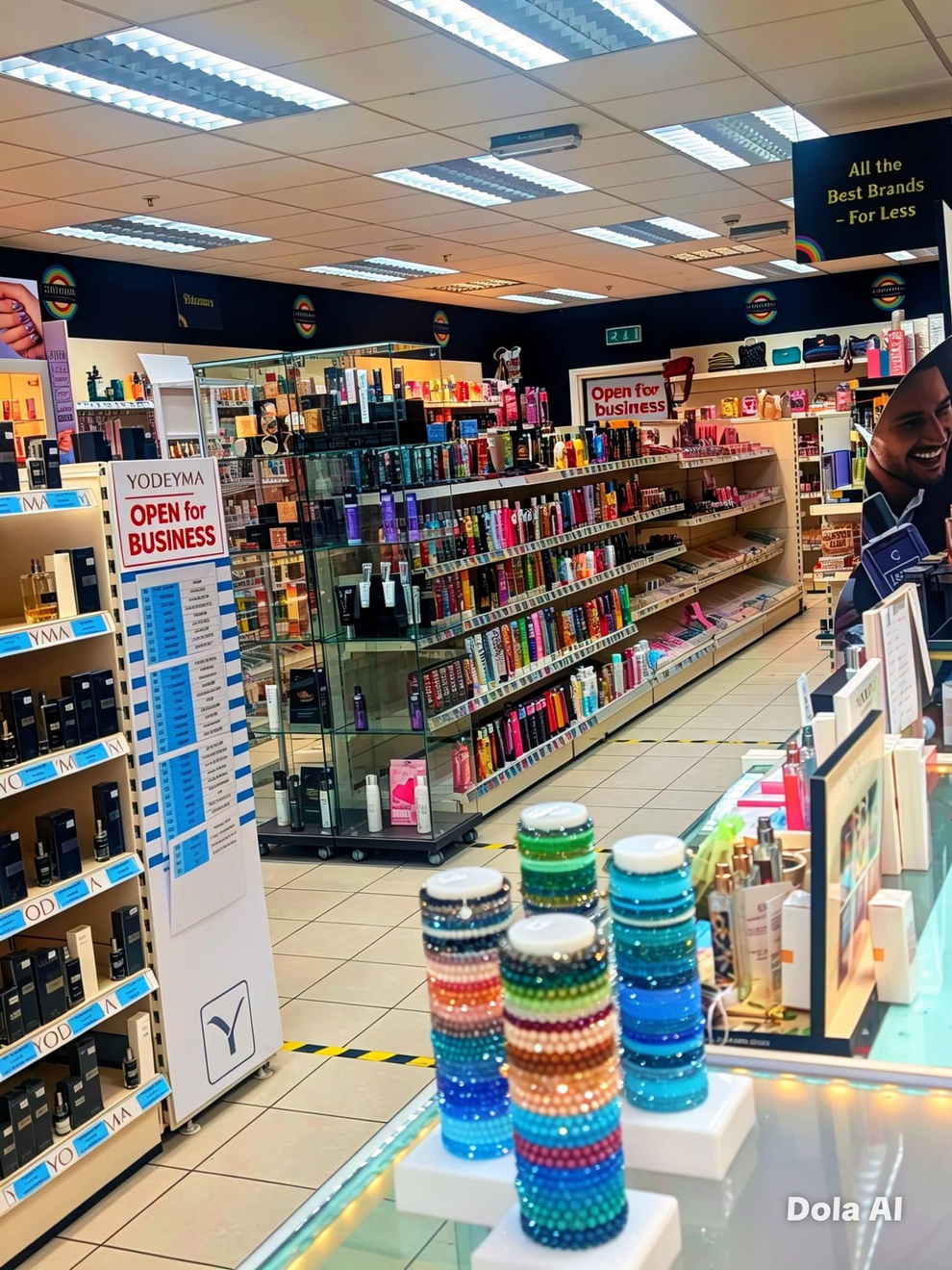 Cosmetics store aisle with colorful makeup displays and shelves under bright ceiling lights