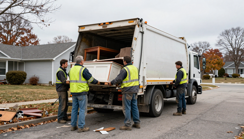 Junk removal crew loading truck on a Long Island job site
