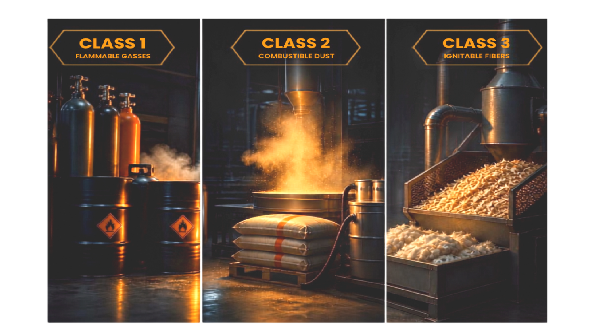 photo depicting various hazardous classes such as flammable gas, dust, or ignitable fibers