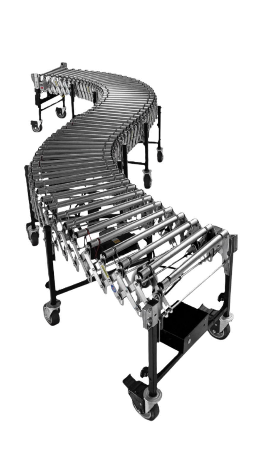Curved metal powered roller conveyor with black legs and casters, shown on a white background