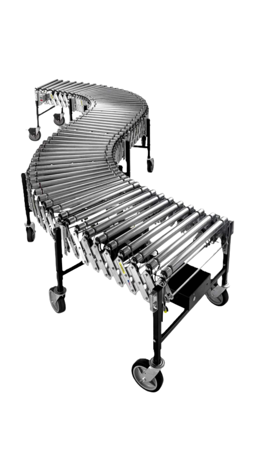 Curved roller conveyor with metal frame and casters, used for moving packages.