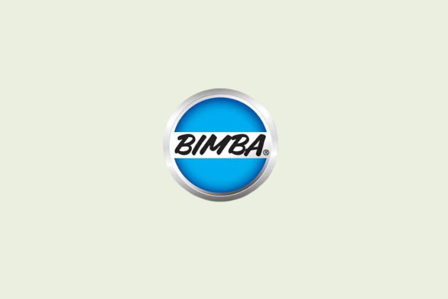 BIMBA logo in black text on a blue circular badge with a silver border on a light background