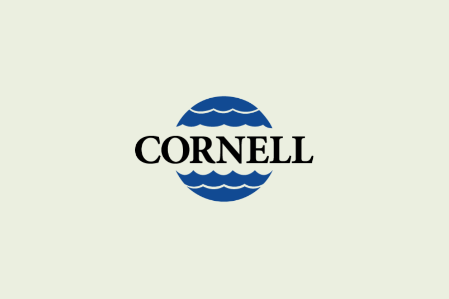 Cornell Pump logo in black text with blue seal icon above and below the wordmark