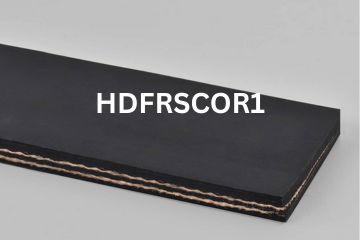 Heavy Duty Grade 2 belting labeled HDFRSCOR1 with description of 2-PLY 220# PIW Black 1/8 Top Cvr X 1/16 Bot Cvr FR/SC/MOR