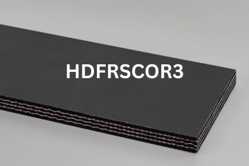 Heavy Duty Grade 2 belting labeled HDFRSCOR3 with description of 3-PLY 330# PIW BLACK 1/16 Top Cvr x 1/16 Bot. Cvr FR/SC/VOR