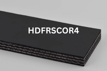 Heavy Duty Grade 2 belting labeled HDFRSCOR4 with description of 3-PLY 600# PIW Black 1/16 Top Cvr X 1/16 Bot. Cvr FR/SC/VOR
