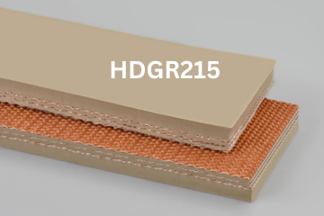 Heavy Duty Grade 2 belt labeled HDGR215 with description of 3-Ply 330 PIW 13/64 Tan Pure Gum Top Cover x Bare Bottom Cover
