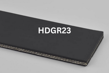 Heavy Duty Grade 2 conveyor belt labeled HDGR23 with description of 2-Ply 150 PIW 1/16 Top Cover x 1/32 Bottom Cover
