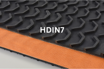 Heavy Duty Incline conveyor belt labeled HDIN7 with description of 2-Ply 150 PIW 1/16 Mini Cleat Top X Bare Bottom Cover
