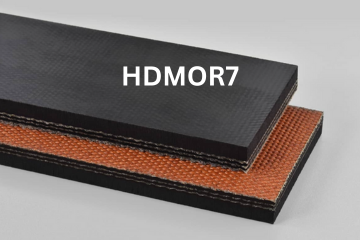 Heavy Duty Grade 2 belting labeled HDMOR7 with description of 3-PLY 330# PIW BLACK 3/16 MOR Top Cover x Bare Bottom Cover