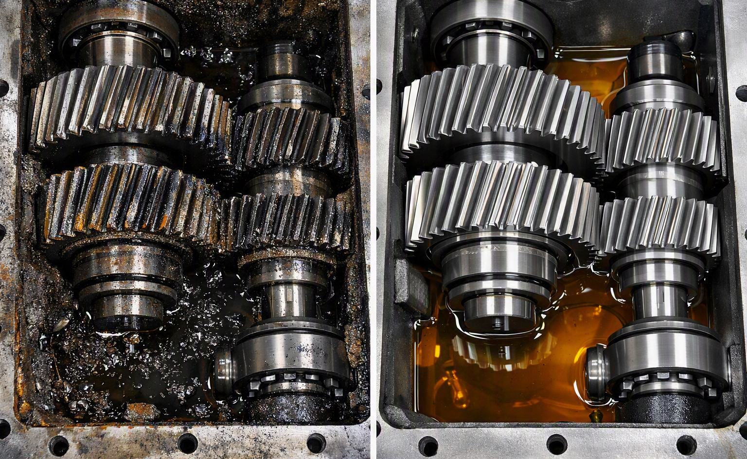 Split view of gearbox internals: worn dry gears on the left versus clean gears bathed in fresh lubricating oil on the right