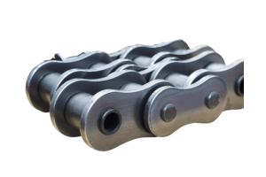 Close-up of a metal roller chain, with interconnected links, likely used for mechanical power transmission.