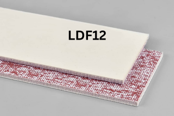 Light Duty Food conveyor belt labeled LDF12 with description of 3-Ply Poly 105 White Butyl COS
