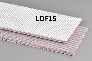 Light Duty Food conveyor belt labeled LDF15 with description of 3-Ply Poly 90 White Nitrile Pebbletop
