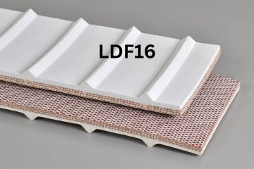 Light Duty Food conveyor belt labeled LDF16 with description of 3-Ply Poly 150 White Nitrile Meatcleat
