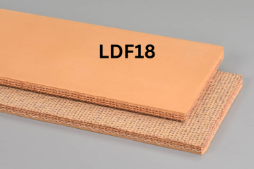 Light Duty Food conveyor belt labeled LDF18 with description of 3-Ply 150 Tan Nitrile COS
