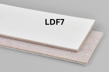 Light Duty Food conveyor belt labeled LDF7 with description of 2-Ply Poly 100 White Nitrile COS
