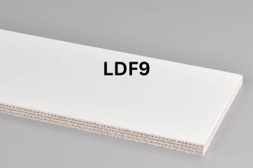 Light Duty Food conveyor belt labeled LDF9 with description of 3-Ply Poly 135 White Nitrile 1/32 X 1/32
