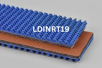 Light Duty Incline Roughtop conveyor belt labeled LDINRT19 with description of 3-Ply 225 PIW Blue Carbox Nitrile R.T. X Bare
