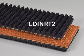 Light Duty Incline Roughtop conveyor belt labeled LDINRT2 with description of 2-Ply 150 PIW Black Roughtop X Bare FR
