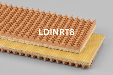 Light Duty Incline Roughtop conveyor belt labeled LDINRT8 with description of 3-Ply CP30 Tan Rubber Roughtop X FS
