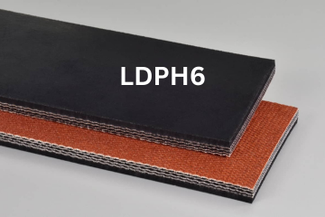 Light Duty Pkg. Handling conveyor belt labeled LDPH6 with description of 4-Ply 180 PIW Black 3/32 Smooth Nitrile Top X Bare
