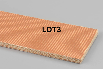 Light Duty Transmission conveyor belt labeled LDT3 with description of 4-Ply CP30 Tan FS X FS
