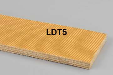 Light Duty Transmission conveyor belt labeled LDT5 with description of 4-Ply 35 Oz. Tan Silver Hard Duck X FS
