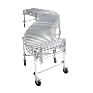 S-shaped, silver expandable roller conveyor on wheels, for moving items in a warehouse.