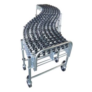 Curved, expandable skate wheel gravity conveyor on casters, made of silver metal, with rows of black rollers.