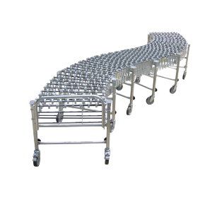 Curved, portable skatewheel conveyor system on casters, made of silver metal, for moving items.