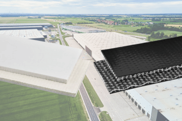 PVC conveyor belts on the background of a large warehouse complex. One is white, one is black.