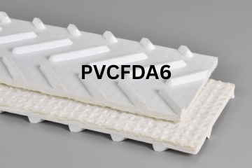 PVC FDA conveyor belt labeled PVCFDA6 with description of PVC 100 White Chevron Top II X FS OR FDA
