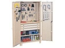 Tan tool storage cabinet with pegboards, drawers, and various tools on a white background.