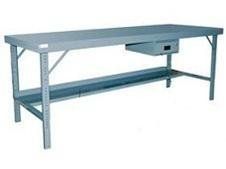 Gray industrial workbench with a drawer and shelf.
