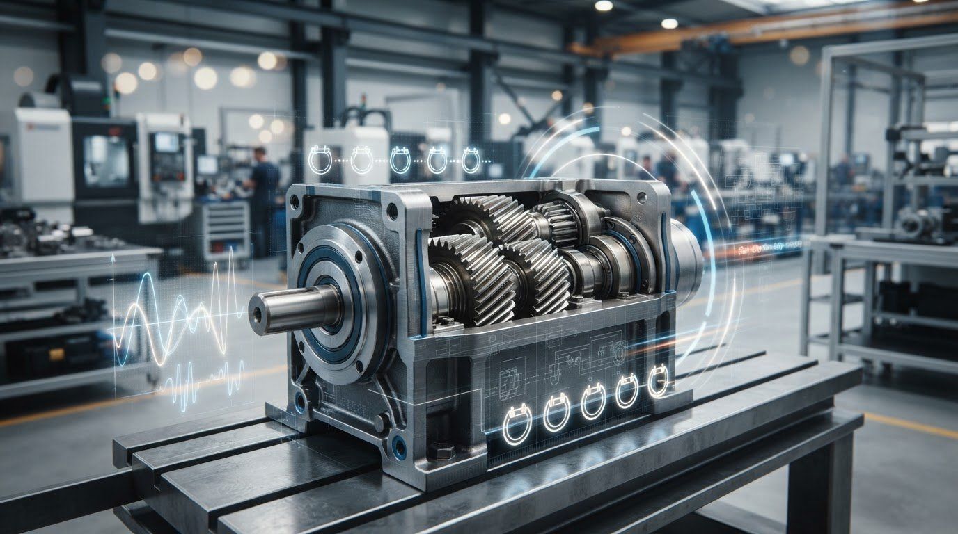 Gearbox with an open housing showing worm and helical gearing on a factory floor.