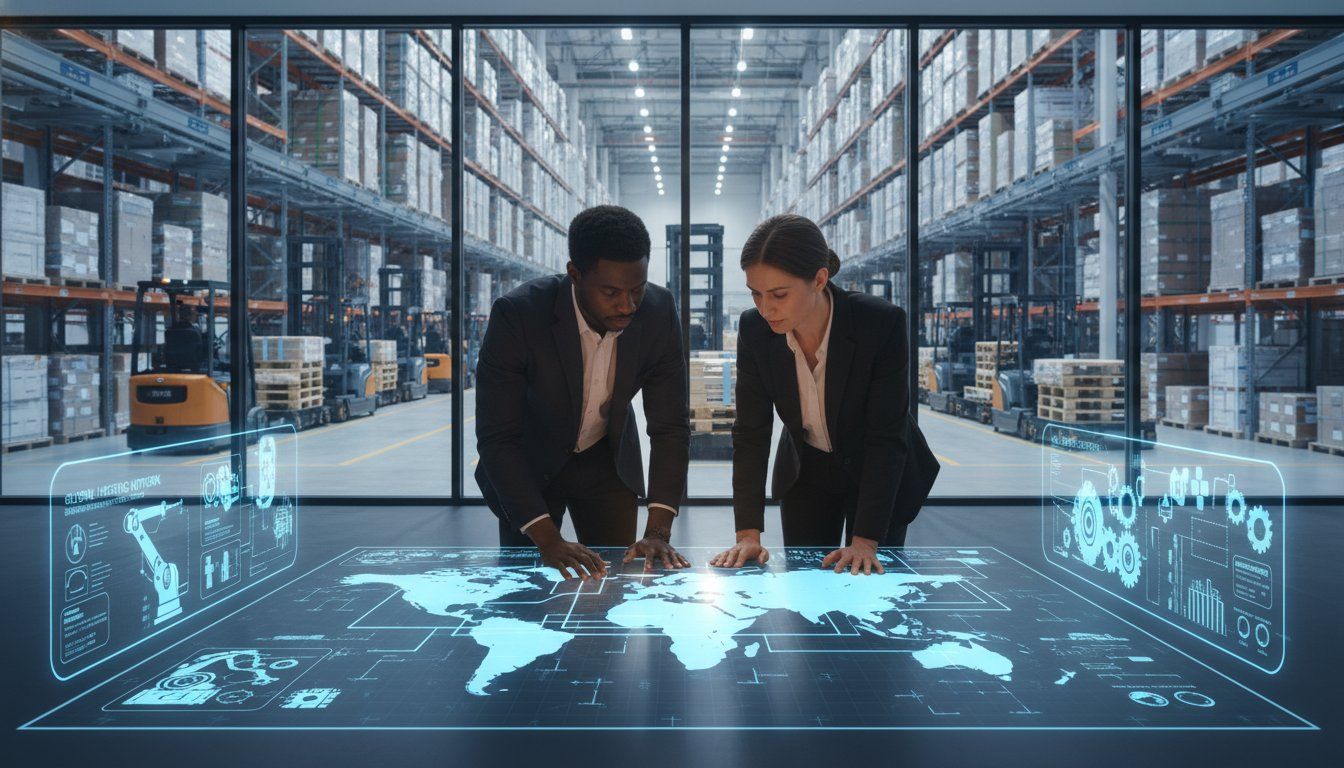 Two professionals analyze a glowing digital world map on a touchscreen in a warehouse.