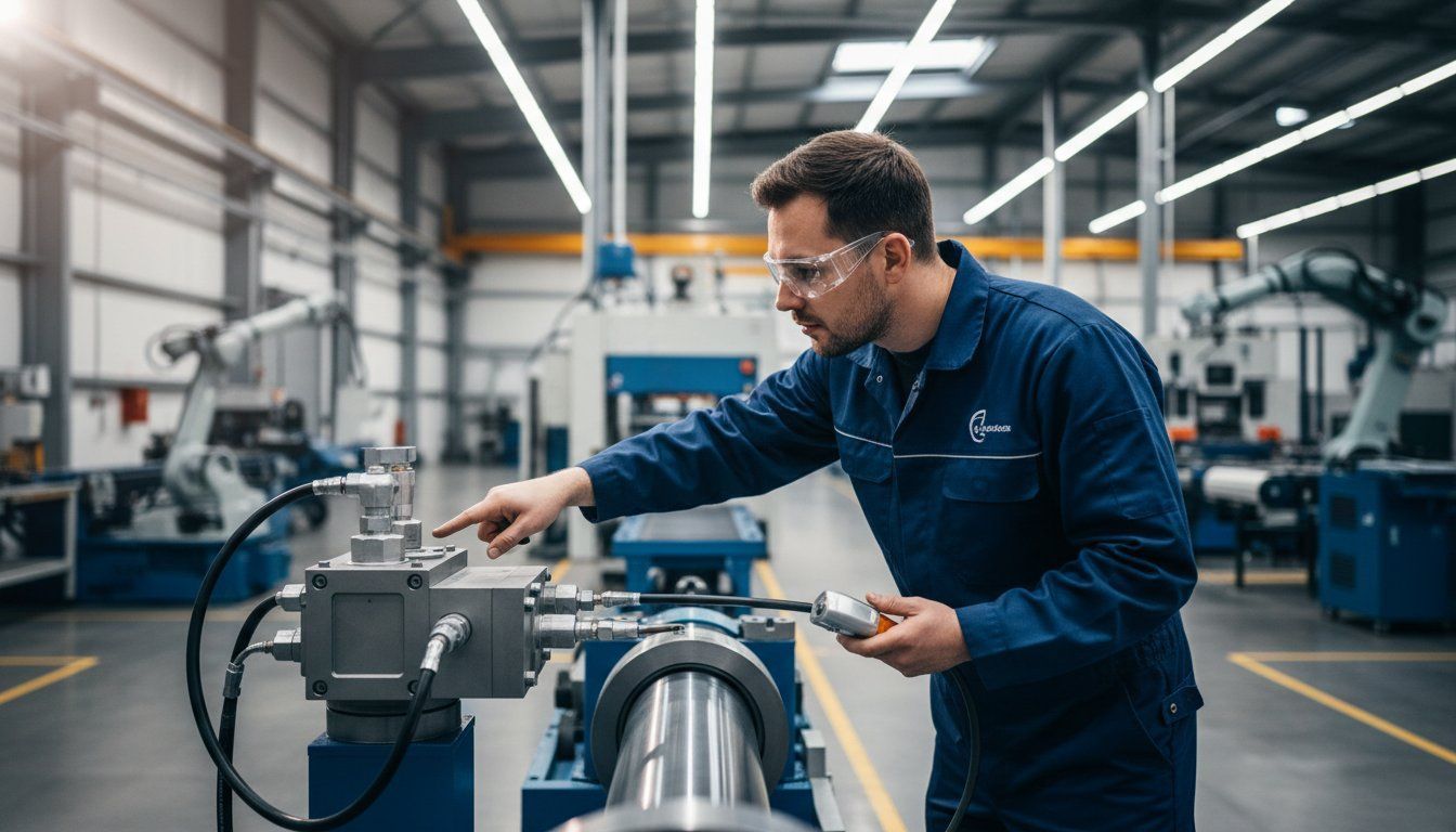 Technician performing a hydraulic cylinder bypass test with port plugs installed to isolate internal seal leakage.