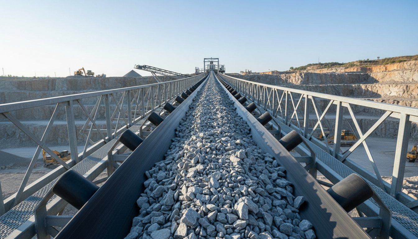 A heavy-duty troughed conveyor belt carrying rock  across a quarry