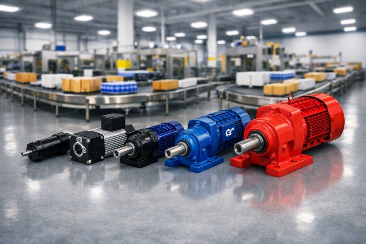 Industrial gearmotor mounted on a conveyor drive shaft, illustrating proper torque and alignment for reliable operation.