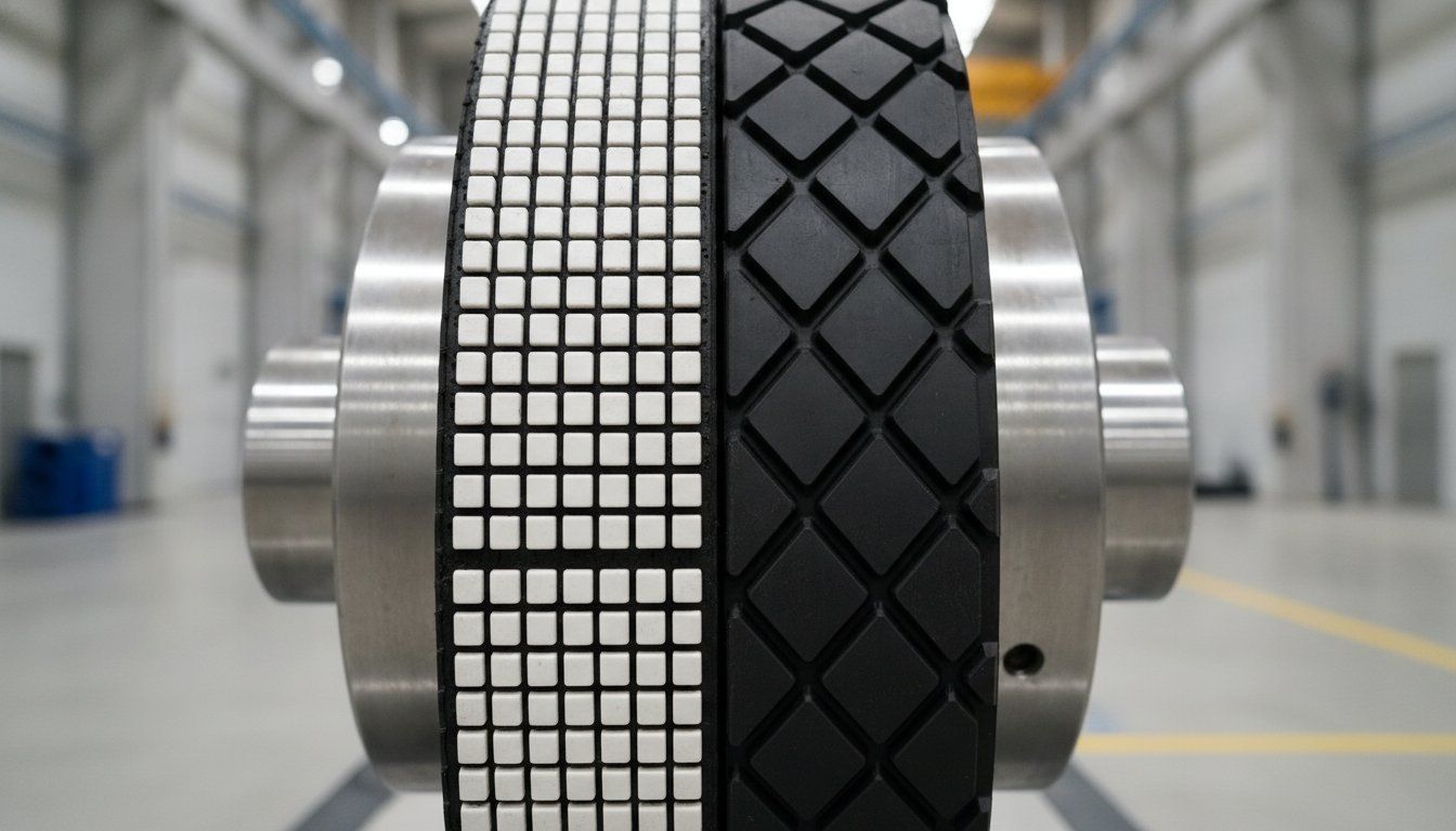 Conveyor drive pulley with diamond-groove rubber lagging installed to increase traction and prevent belt slippage.