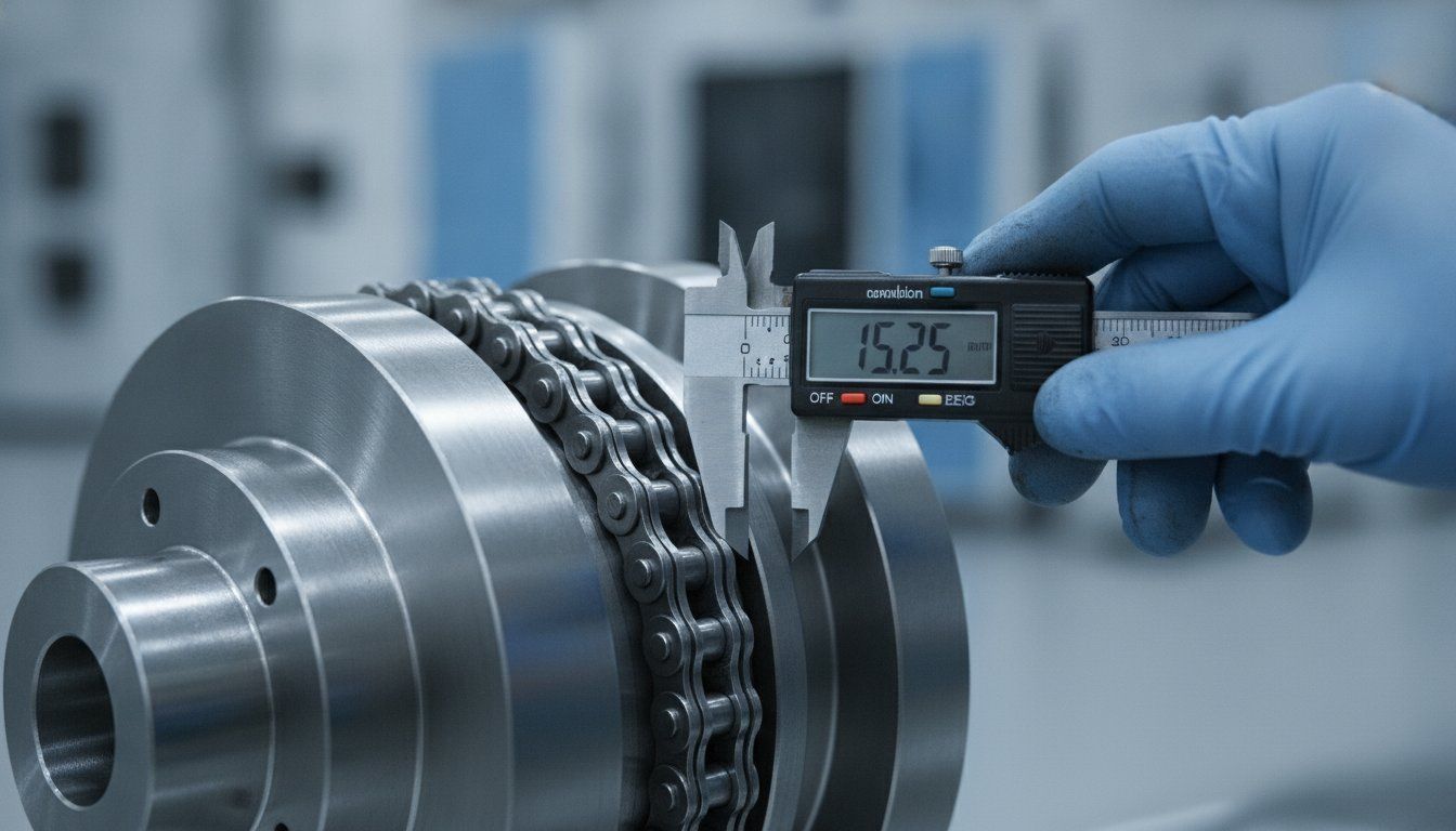 Industrial roller chain and sprocket drive on a conveyor system, illustrating proper tension for maximum service life.