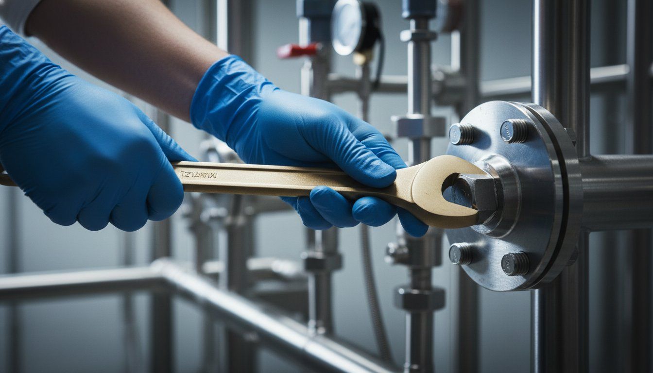 Non-sparking hand tools made of aluminum bronze and copper beryllium alloy, used for maintenance in hazardous work areas.