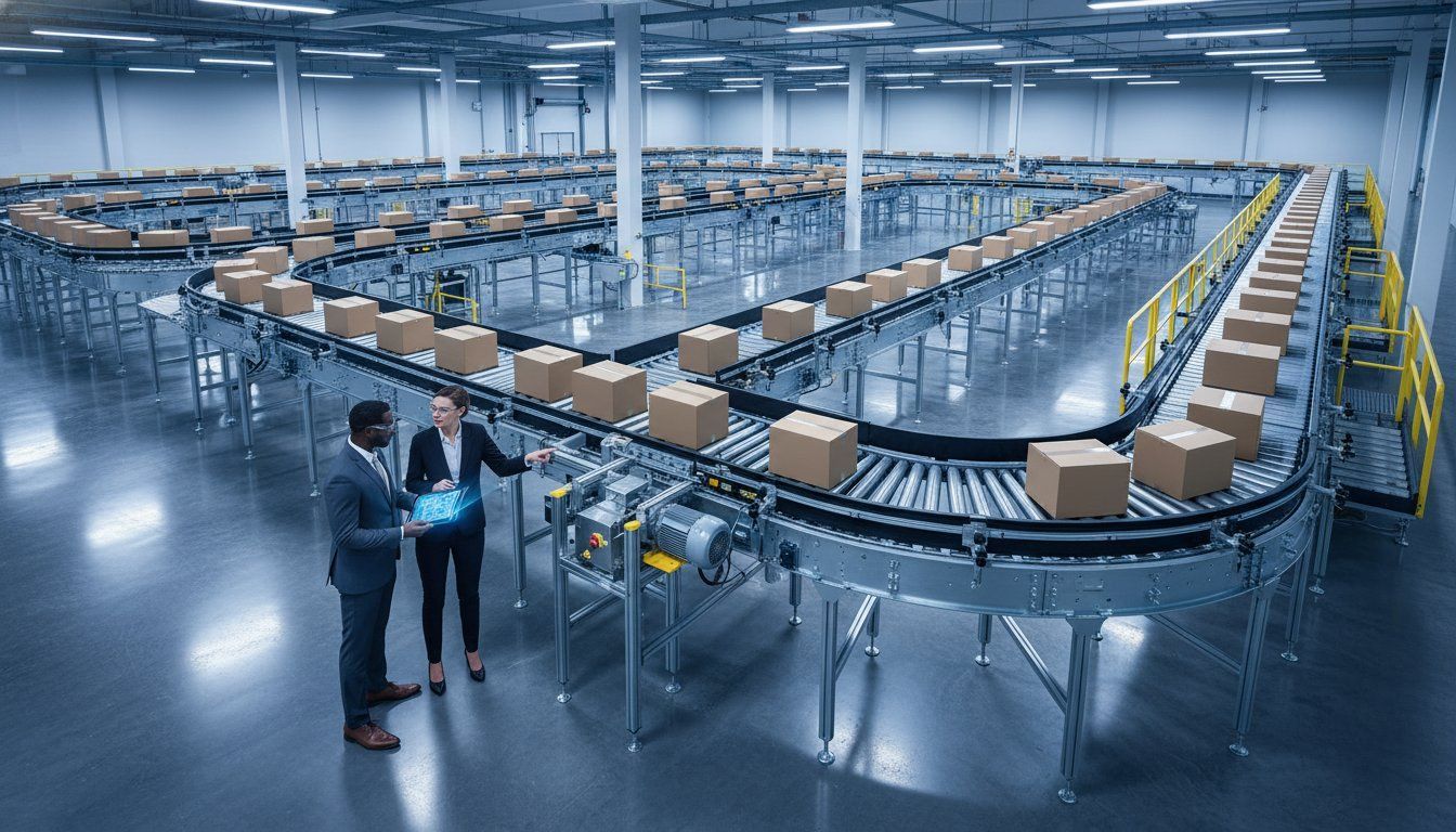 Automated warehouse with conveyor belts moving boxes and two workers reviewing