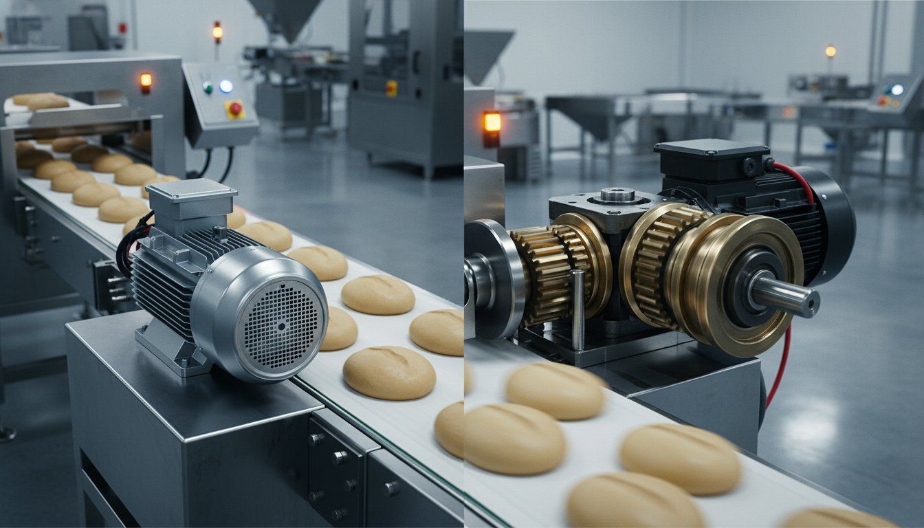 Industrial AC and DC motors mounted on a factory drive line, illustrating the setup compared in this buying guide.