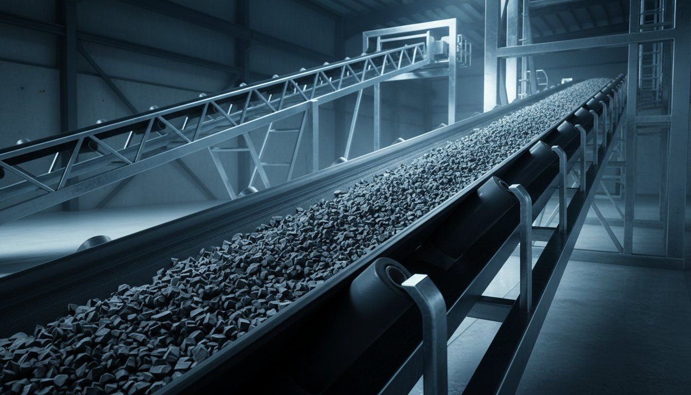 Industrial troughed conveyor carrying gravel